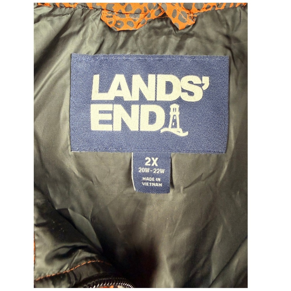 Lands End Women 2X Down Puffer Vest Orange Brown Leopard Print Quilted Full Zip - Picture 3 of 6